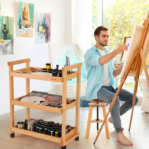 VISWIN Art Cart Organizer, Solid Beechwood Art Supply Storage Organizer with Caster Wheels, 3-Tier Multifunctional Rolling Utility Storage Cart for Studio, Classroom, Artists - Natural