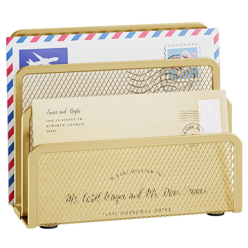 Marbrasse Mail Organizer for Desk, 3-Slot Mesh Metal Mail Holder countertop, Letter Holder, Office Desktop Envelope and Document Storage Rack (Gold)