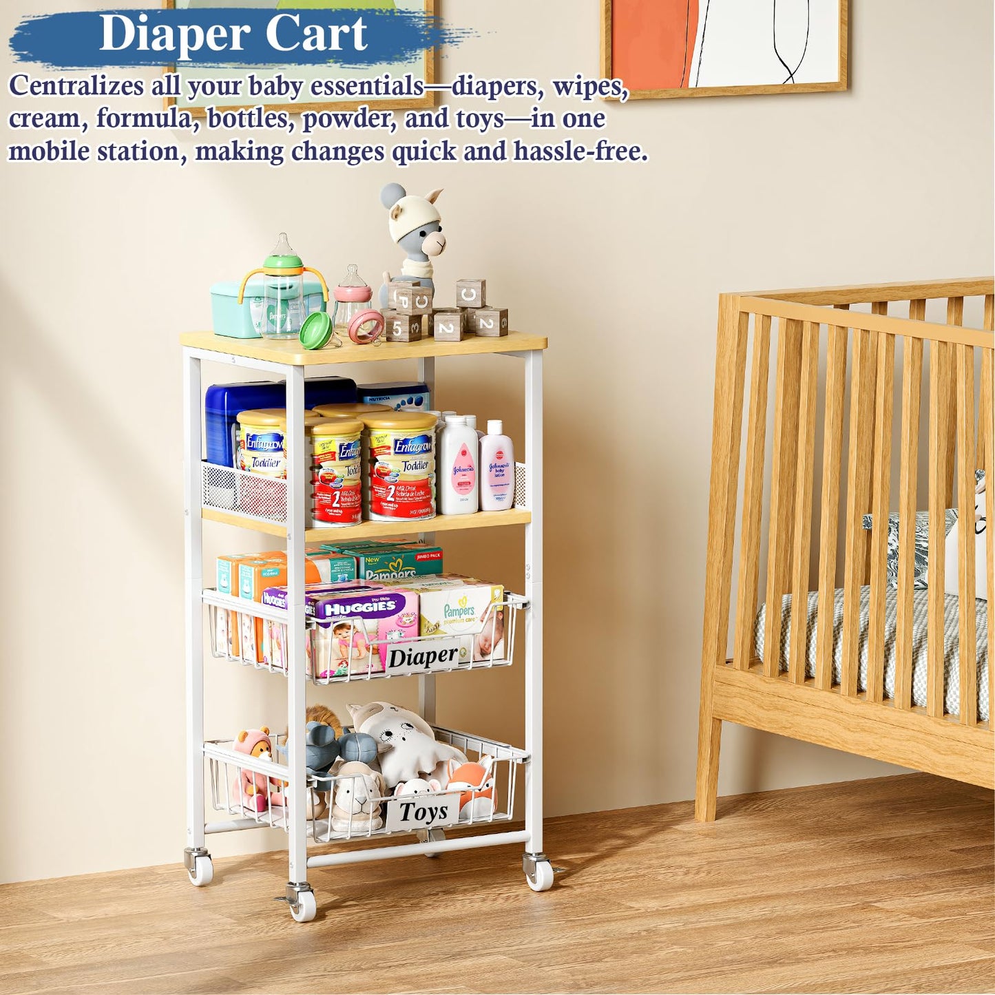 OKZEST 4 Tier Rolling Cart with Drawer Baskets, Metal Utility Storage Cart with Wheels and Wood Top for Living Room, Kitchen, Home Office, Bedroom, Pantry, Baby Essential, Craft, Snack, Makeup, White