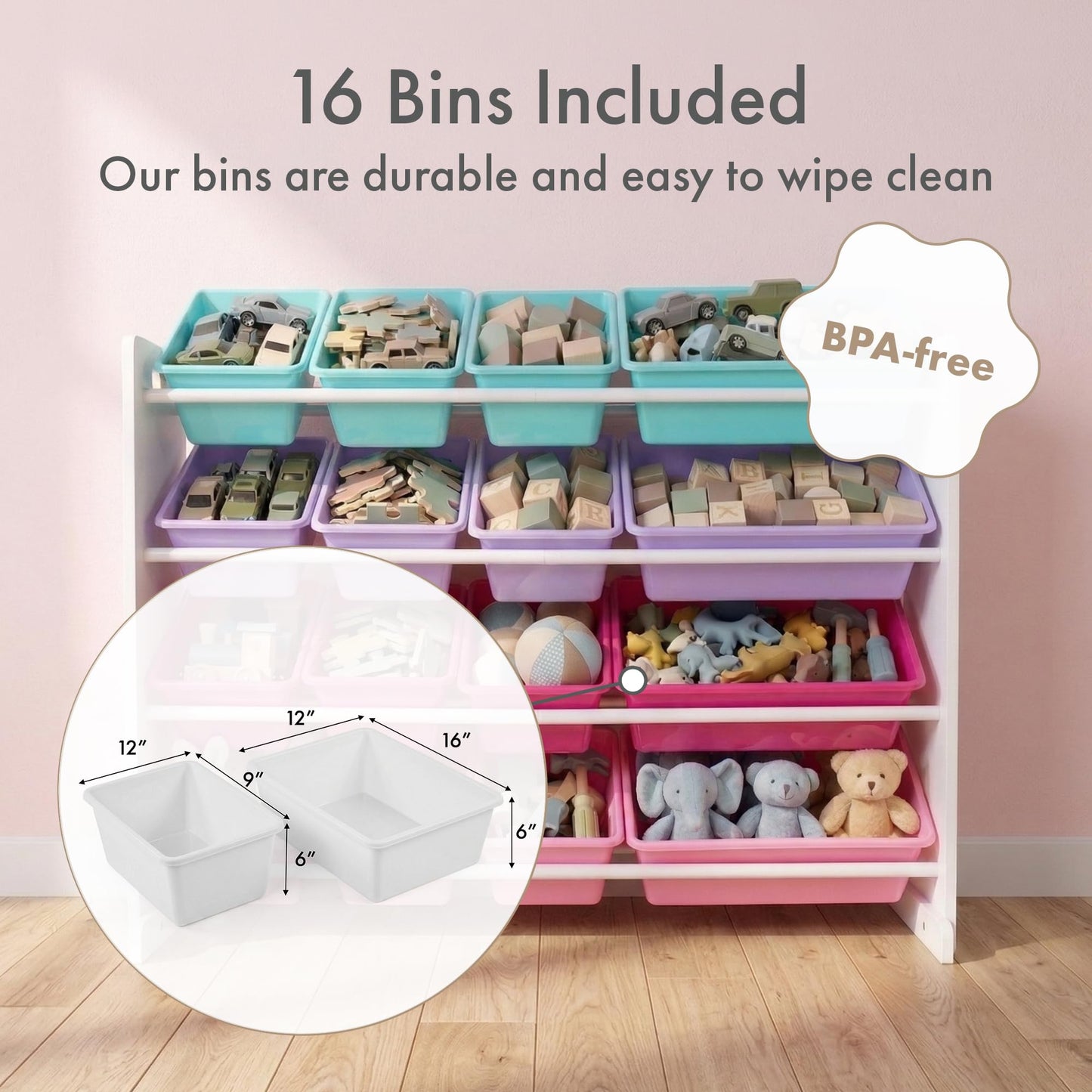 Humble Crew Toy Storage Organizer with 16 Removable Storage Bins for Kids Playroom, 4-Tier Toddler Toy Organization, White/Blue/Pink/Purple