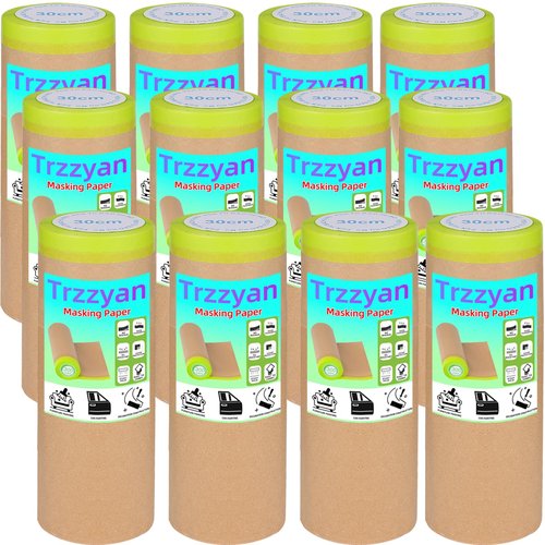 12Inchx50Feet Pre-Taped Masking Paper Roll - Heavy Painters Paper with Adhesive, Tear-Resistant for Auto Body, Wall Painting, Floor Protection, Furniture&DIY Projects(12 Roll) (12, 12inch*50feet)