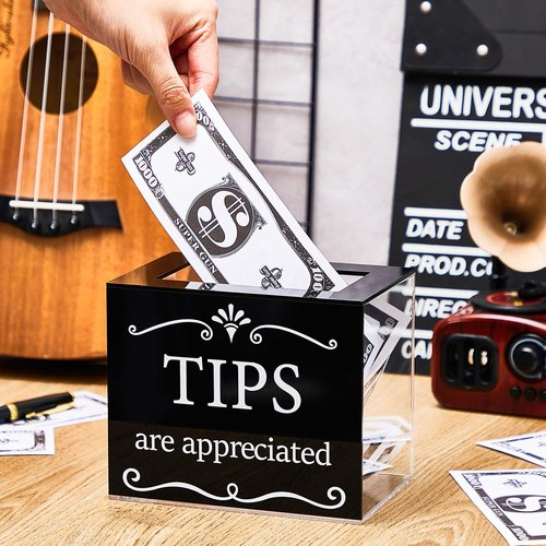 Vesici Acrylic Tips Jar for Money Tip Box Bucket 6 x 4 x 5 Inch Plastic Storage Container Donation Suggestion Raffle Cash Box for Bartender Bars Restaurants Musicians Driver(Black)