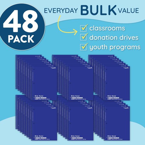 Blue Summit Blue Wide Ruled Spiral Notebooks Bulk, 1 Subject Spiral Notebook Wide Ruled, Paper School Bulk Notebooks, 48 Pack