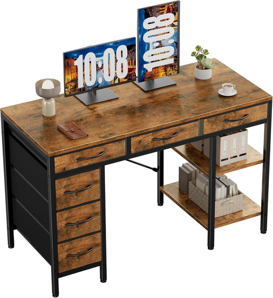 Sweetcrispy 47" Computer Desk - Rustic Brown Home Office Gaming Desk with 6 Drawers & Storage Shelves