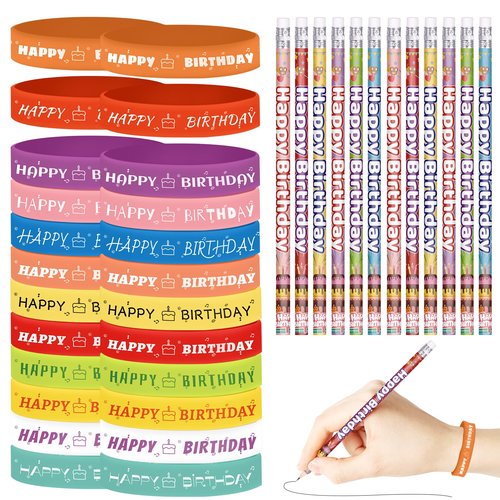 emzrivo 48 Pcs Happy Birthday Pencils Set 24 Happy Birthday Pencils for Students 24 Happy Birthday Silicone Bracelets Rubber Wristband Bulk Birthday Classroom Gifts (Modern)
