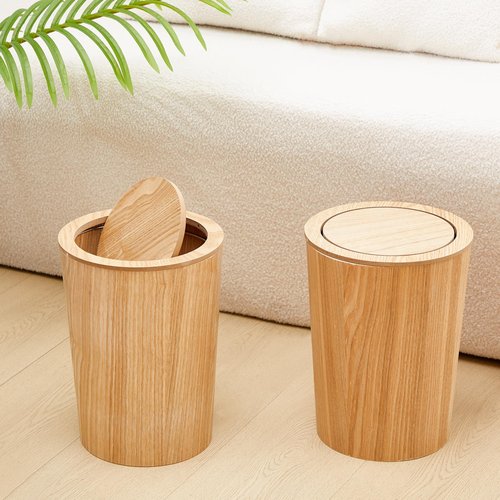 Reallnaive 2 Pieces 8 L/ 2.1 Gal Round Trash Can with Lid Wooden Garbage Can Swing Lid Waste Recycling Bin for Office Home Living Room Kitchen, 9.45 x 7.6 x 11.8 Inch