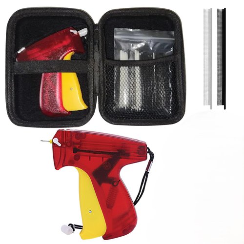 NAMAPRODX Mini Sticky Gun for Clothes Temp Fixes, Tagging Gun for Clothing, Buttoneer, Mending Pro,Hemming Tool, Clothing Stapler Gun, DIY, Versatiles - 4500 Micro Fasteners & 1 Needle - Red with Case
