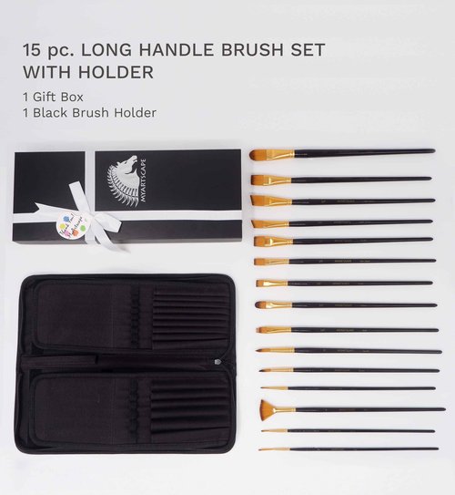 MyArtscape Paint Brushes - 15 Pc Brush Set for Watercolor, Acrylic, Oil & Face Painting | Long Handle Artist Paintbrushes with Travel Holder (Black) with Gifting Box | Premium Art Supplies