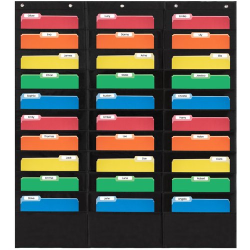 Essex Wares - 30 Pocket File Pocket Chart, Black, 42" Wide x 47" Tall - Versatile Wall Hanging File Folder Organizer for Classroom, Office, Home, and More - Wall Folder Organizer - 30 Pockets