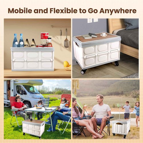 Collapsible Rolling Crate with Wheels, Foldable Utility Cart with Wooden Cover, Mobile Folding Cart for Teacher, Shopping, Camping, Office - 55L