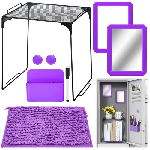 Wesiti 8 Pcs Purple Locker Accessories Back to School Kit, Wire Locker Shelf, Magnetic Mirror, Erase Pen, Pen Holder, Magnetic Stickers, Square Carpet for Girls First Day of School Essentials