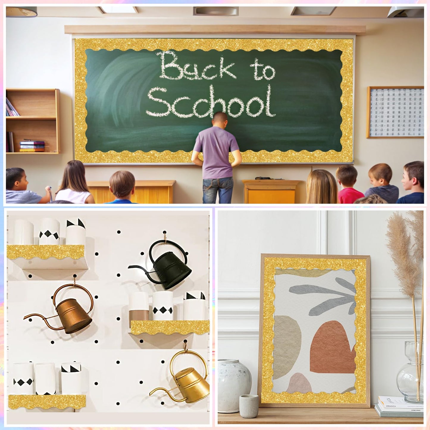 100 Feet Bulletin Board Borders Trim - Shiny Gold Classroom Borders for Bulletin Board Decorations, Teacher Supplies for Classroom Decor Preschool & Elementary, Scalloped Boarders