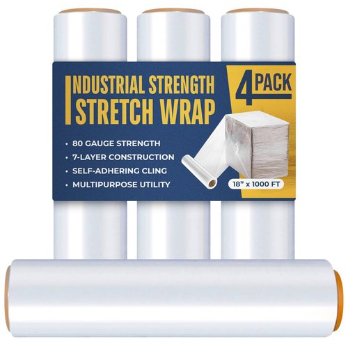 Industrial Stretch Film Wrap – 18" x 1000 FT x 80 Gauge, 4 Rolls Heavy Duty Pallet Wrap | Clear Plastic Moving Wrap for Packing, Shipping, Furniture & Luggage – Durable Self-Adhering Shrink Wrap Roll