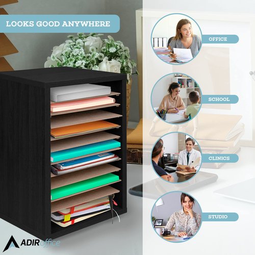 AdirOffice Classroom Mailbox - 11 Compartment Wooden Mail Organizer, Construction Paper Storage, Vertical Desktop Sorter with Slots, Mailboxes With Removable Shelves (11 Slot, Black)