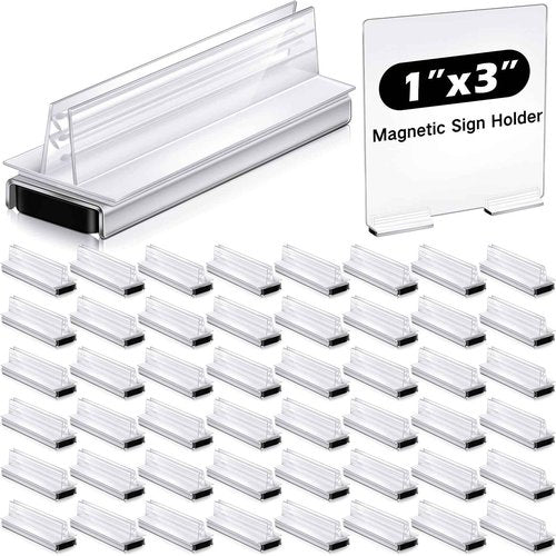 Thyle 100 Pack Magnetic Sign Holder Grip Holder, Powerful Magnet, 3" Length, 1" Width, 1" Total Height for Retail Wall Display Store Vendor Event Warehouse and Shop Supplies, Clear