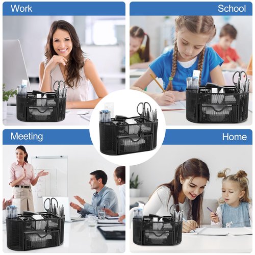 PrintPulse Office Supplies for Desk,14pcs Black Desk Sets and Accessories, Office Supply Kit with Mesh Desktop Organizer and Stapler,Staple Remover, Staples,Tape Dispenser,Sticky Tabs,Scissors, Ruler