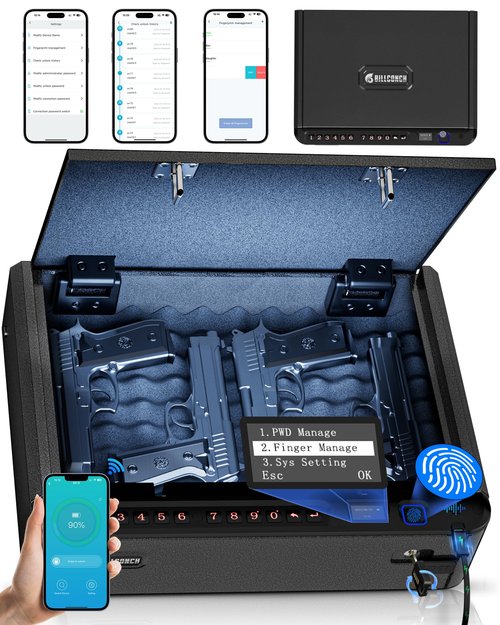 BILLCONCH Smart Gun Safe with Security Cable - Biometric Pistol Safe for Handgun 4 Ways Quick Access with Fingerprint/Keypad/Key/APP Lock, for Nightstand Bedside Home Car with LCD and Voice Guide