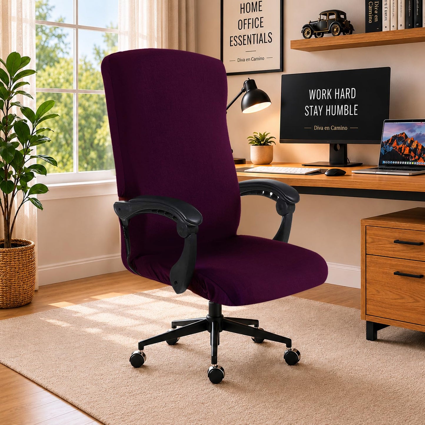 DIVA EN CAMINO DEC Universal Stretch Office Chair Cover with Zipper, Soft Slipcover for High Back Desk Chair, Plum