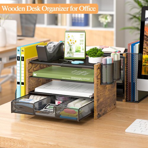 3IngSeagulls Wooden Desk Organizers and Accessories with File Holder, 4-Tier Paper File Organizer with Drawer & 2 Pen Holders, Office Desk Accessories, Desktop Organizer and Storage for Home Office