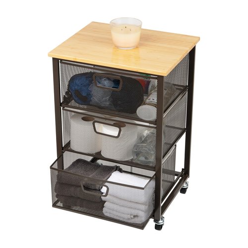 Mind Reader 3-Drawer Rolling Storage Cart, Office Organizer with Wood Top, Multipurpose Portable Cabinet with Wheels, Metal Mesh, Black