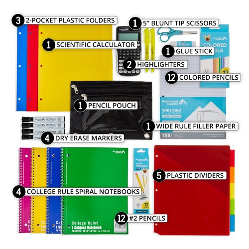 Blue Summit Middle School Supplies Kit, 6th and 7th Grade School Supplies Set, Unique Bundle Includes Calculator, Bulk 49 Piece Box