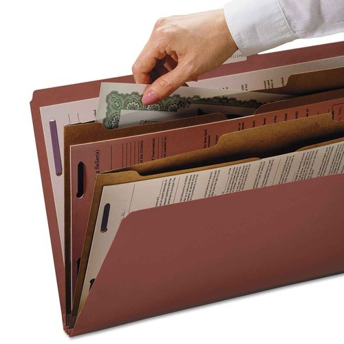 Smead Pressboard Classification File Folder with SafeSHIELD Fasteners, 2 Pocket Dividers, 2" Expansion, Legal Size, Red, 10 per Box (19079)
