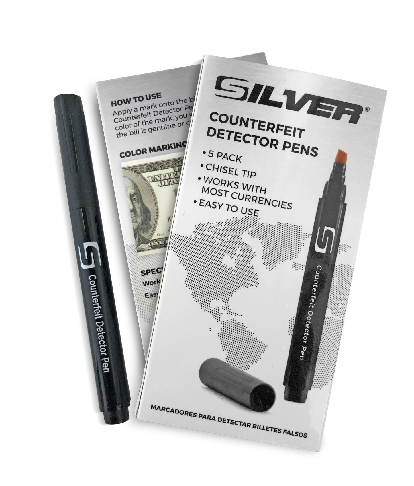 SILVER by AccuBANKER (5 Counterfeit Pens) Counterfeit Bill Detector Pen with Chisel Tip, Money Checker, Detector Pen Detects Fake Counterfeit Bills from Most World Currencies