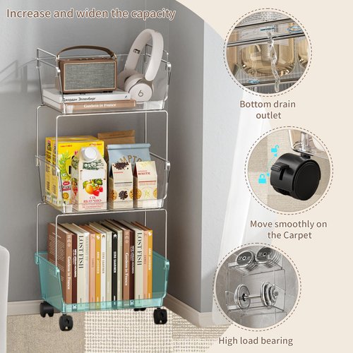 TrendyBin 3-Tier Rolling Cart with Wheels, Clear Bathroom Storage Cart with Lockable Wheels, PET Utility Cart for Kitchen, Bedroom, Office,Snack, Makeup - Multifunctional Storage Easy to Assemble