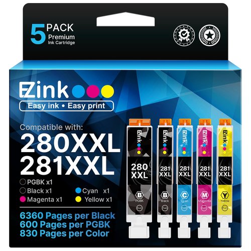 E-Z Ink Compatible Ink Cartridge Replacement for Canon PGI-280XXL CLI-281XXL 280 XXL 281 XXL Compatible with TR8620a TR8620 TS702a TS9520 TS9521C TR8520 TS6220 TS6320 TS8220 (5 Pack)
