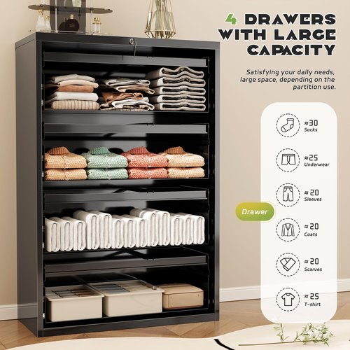 SPERTIKC 4 Drawer File Cabinet with Lock, Metal Lateral Filing Cabinet for Letter/Legal/A4/F4 Size, Lockable Storage Cabinets for Home Office,Under Desk Mobile File Organizer -Black