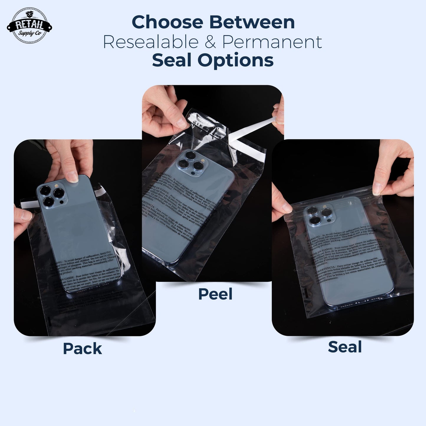 5x7" Clear Resealable Poly Bags with Suffocation Warning - 200 Pack - Self-Seal Plastic Packaging Bags for Shipping, Retail & Storage - Retail Supply Co