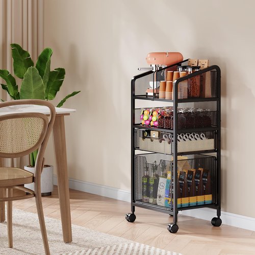 4-Tier Rolling Kitchen Storage Cart-Fruit Vegetable Storage Cart with 2 Drawers,Pantry Organizer Snack Containers with Wheels,Kitchen Utility Cart with DIY Divider for Fruits Vegetables Snacks Breads