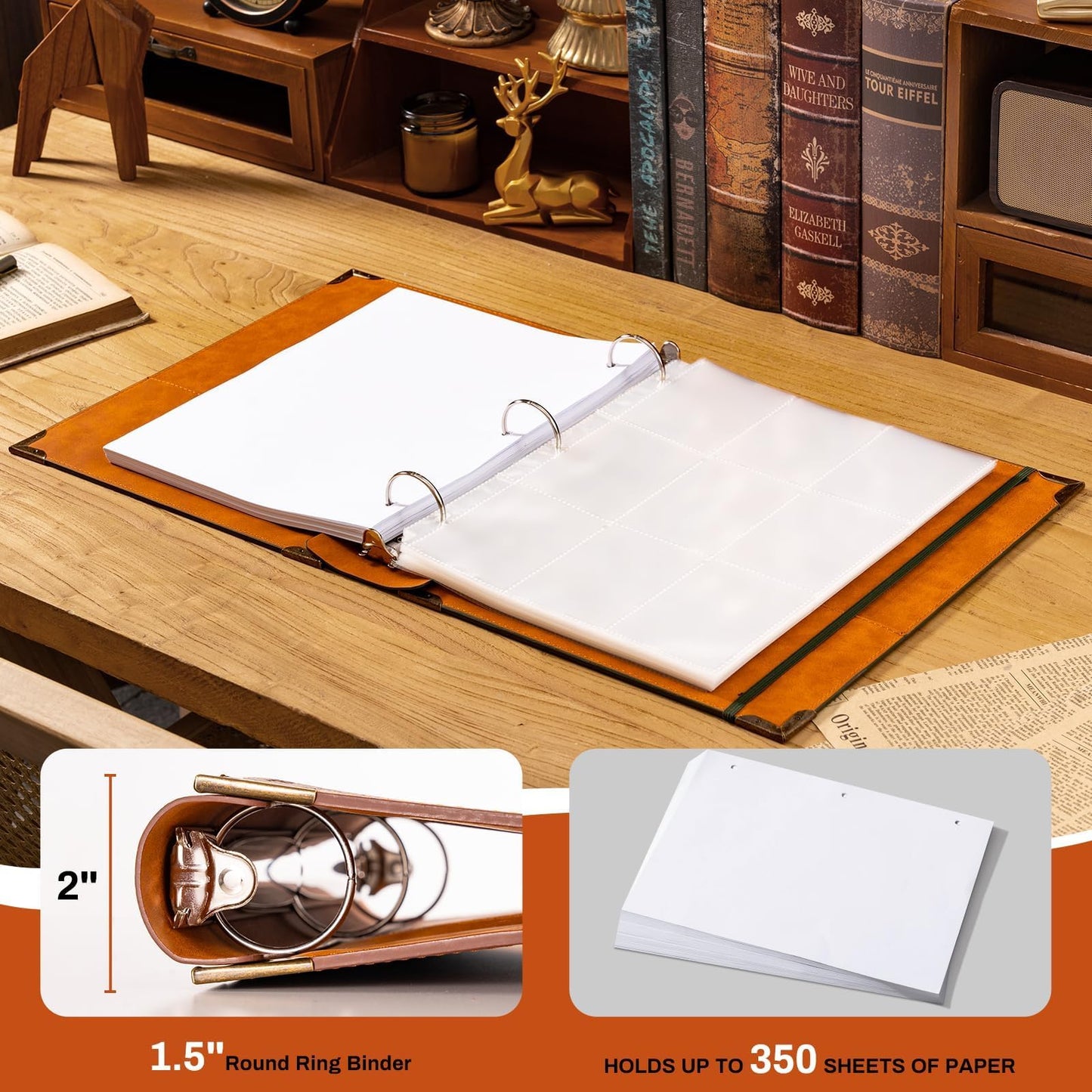 OVESMUSL 4 Pack Leather 3 Ring Binder Fits 8.5"x11" Letter Size Paper, 1.5 Inch Round Ring Binder Holds 350 Sheets, Notepad Paper Cover Loose Leaf Organizer, Green Tree