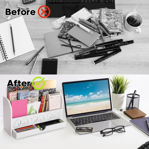 Goaste White Desktop Organizer with Drawer, Wooden Mail Storage Box, 4 Compartment Mail Sorter Organizer, Rustic File Bill Holder, Farmhouse Letter Paper Storage Basket for Home Office Supplies