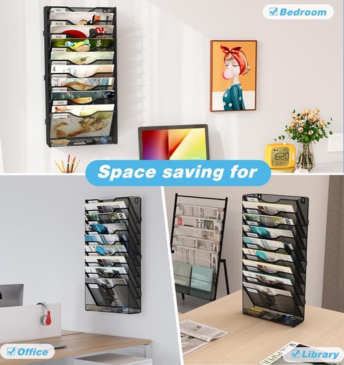 Solinxe 10 Tier Wall File Organizer, Vertical Mesh Paper Mail Organizer Wall Mounted Magazine Rack, Metal Clipboard Storage for Office, Home, Classroom, Black