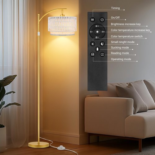 Rattan Floor Lamps for Living Room, Boho Standing Lamps with White Rattan& Linen Double Shades, Arc Lamps Floor Standing with 9W Bulb, Foot Switch, Gold Bohemian Floor Lamps for Bedroom, Office-Drum