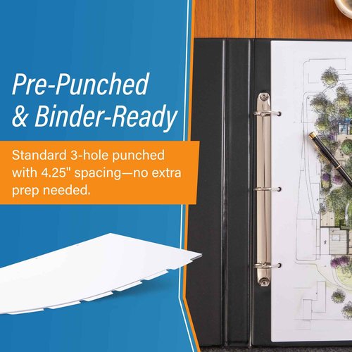 11x17 Binder Dividers with Tabs - 50pc White 5 Tabbed Inserts, Thick Card with 3 Pre-Punched Holes. Folder Index Dividers for Large Format Tabloid, Ledger Documents. Landscape, Horizontal Orientation