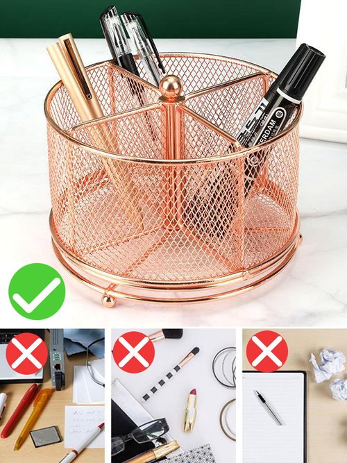 Fine tools Metal Pen Holder Makeup Brush Holder Rotating Desk Organizer for Office Supplies - Convenient and Durable Storage for Pens, Pencils, Makeup, Remote Controls, Glasses
