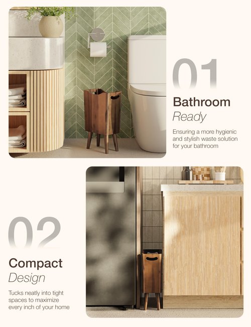 TIDITA 2 Gallons Wooden Trash Can 4 Legs - Acacia Wooden Bin, Wood Bathroom Accessories - Small Bin, Waste Basket For Bedroom, Office Garbage Can - Bathroom Trash Can, Assembly Required (Walnut color)
