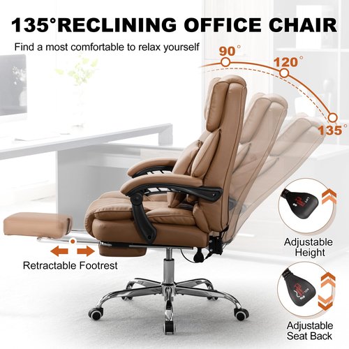 BOWTHY Kneading Massage Executive Office Chair with Heated,90-135° Reclining Chair with Footrest, Diamond-Stitched Cushion Leather Chair, Ergonomic Desk Chairs (Brown)