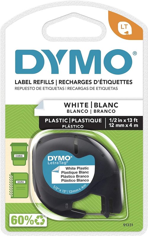 DYMO LetraTag Labeling Tape - Black Print on White Plastic, 1/2" W x 13' L, 1 Roll
