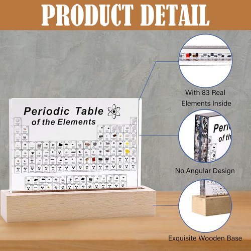 SETHVILL Periodic Table - 83 Real Elements in Acrylic Display with Wooden Stand & Magnifying Glass