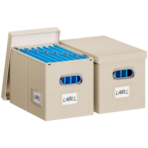 Chizjox File Organizer Box with Lid - Set of 2 Portable Hanging filebox, Collapsible Linen Decorative Filing Storage Boxes for Office & Home File Cabinet (Beige 14 x 9.3 x 10.9 inch)