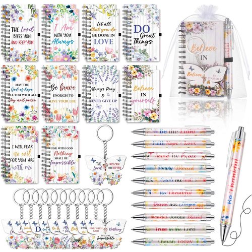 Dispowreath 80 Pcs Christmas Christian Gifts for Women Scripture Bulk Pens Bible Verse Notebooks Religious Christian Keychains Organza Bags Religious Inspirational Gifts for Women School Office Church