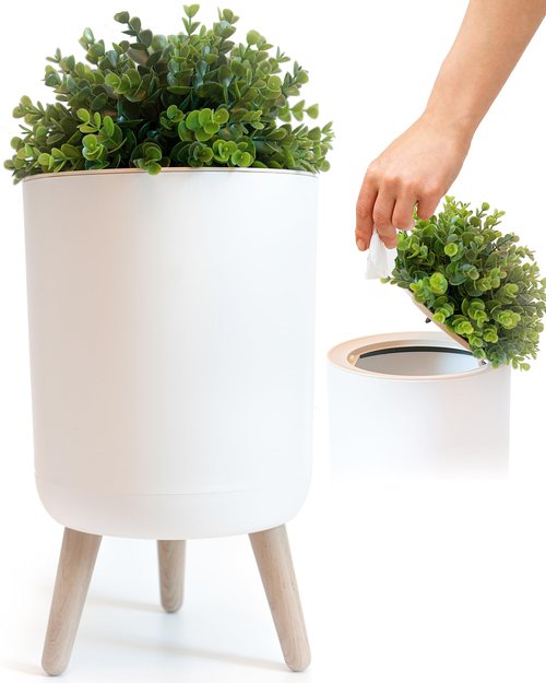 Earth & Mango Small Bathroom Trash Can with Lid, Small Bathroom Garbage Can with Plant Style Lid, 1.8 Gallon, White, Perfect for Bedroom, Office, and Bathrooms, Trash Bin That Looks Like a Plant