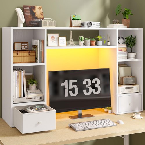 REIBII Desktop Bookshelf with LED Lights,47.2" Desktop Organizer with 6 Shelves and 2 Drawers for Top of Desk,Multipurpose Desk Hutch Dorm with Adjustable Shelves for Home and Office,White