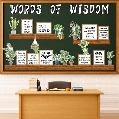 Arosche Classroom Decor Bulletin Board Decorations Set Words of Wisdom Potted Plant Greenery Cutouts Motivational Welcome Back to School Bulletin Board Border for Classroom Chalkboard Wall Door