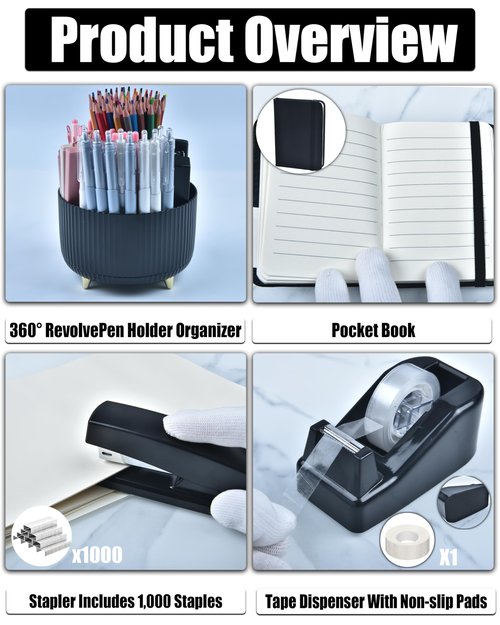 Black Desk Accessories, Office Supplies 360°Pen Holder Desk Organizers, With Tape Dispenser, Stapler, Staple Remover, Ect, Elevate Your Workspace With Sleek Black Sophistication, Back to School