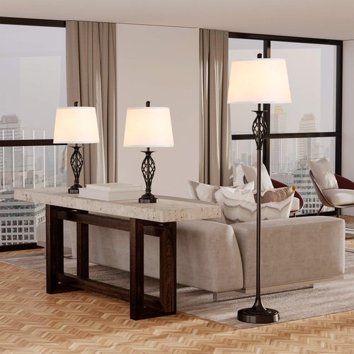 HOMCOM 3 Piece Table Floor Lamp Set with Metal Pole, Round Base, and Fabric Lampshade, for Living Room, Black/White