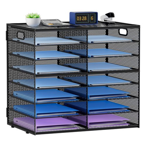 Lavatino 14 Compartments Paper Organizer for Desk, Mesh Literature Organizer, Mail File Sorter Tray with Handle, Desktop Mailbox for Office Classroom Home, Black